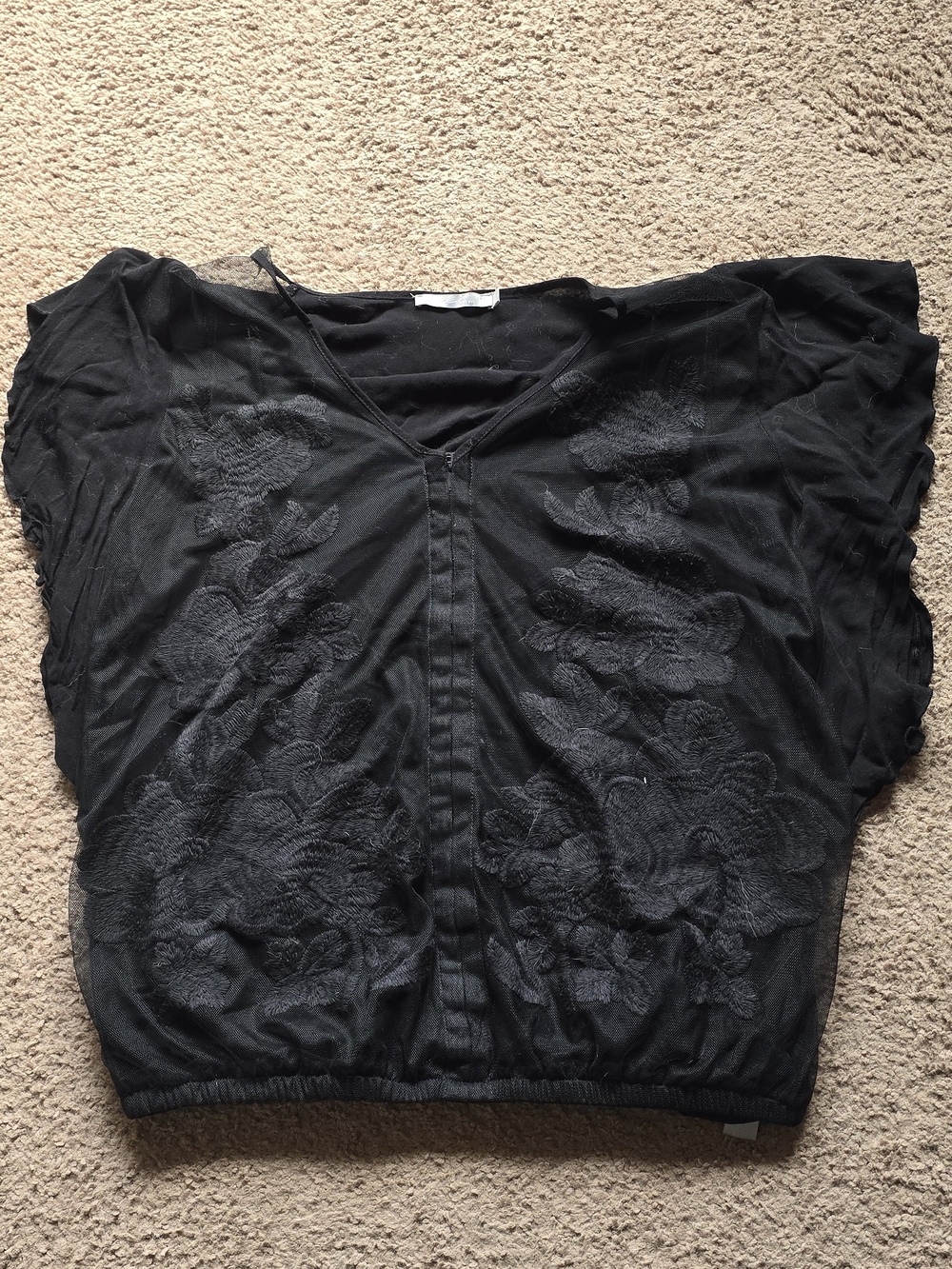 BKE Black Sheer V-Neck Embroidered Blouse